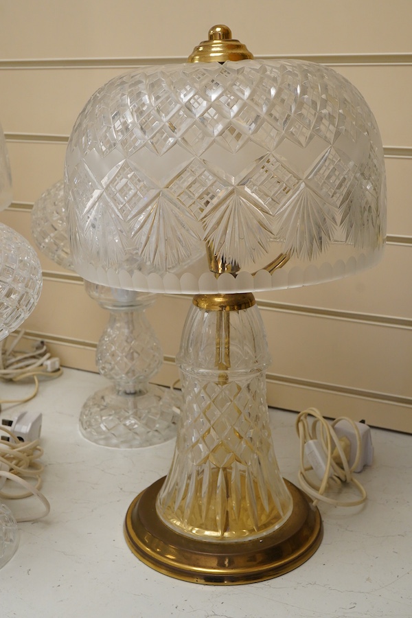 A pair of cut glass mushroom style table lamps and shades and two others, largest 48cm high